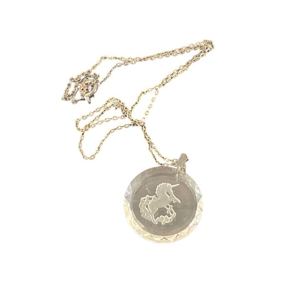 Vintage Crystal Unicorn Etched Glass Pendant Necklace With Fine Chain 18'' Sterl - Picture 5 of 5